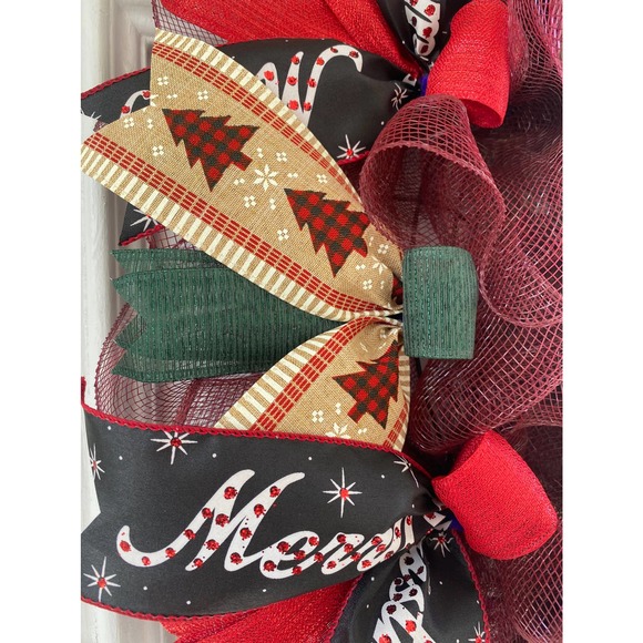May Your Days Be Merry and Bright Buffalo Check Christmas Tree Deco Mesh Wreath - Picture 4 of 7